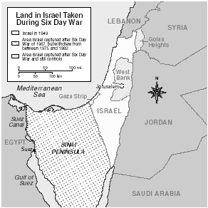 During the Six-Day War, Israel took over land in the West Bank and the Golan Heights, as well as the entire Sinai Peninsula. (Maps created by XNR Productions. The Gale Group.)