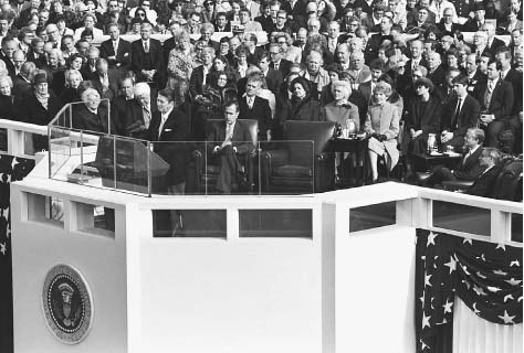 Ronald Reagan delivers his inaugural address in front of the  Capitol on January 20, 1981. APWIDE WORLD PHOTOS. REPRODUCED BY  PERMISSION.