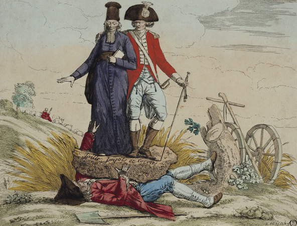In this political cartoon titled Tithes, Taxes, and Graft from the French Revolution era, the crushing burden placed on average French citizens by the nobility and clergy is depicted.