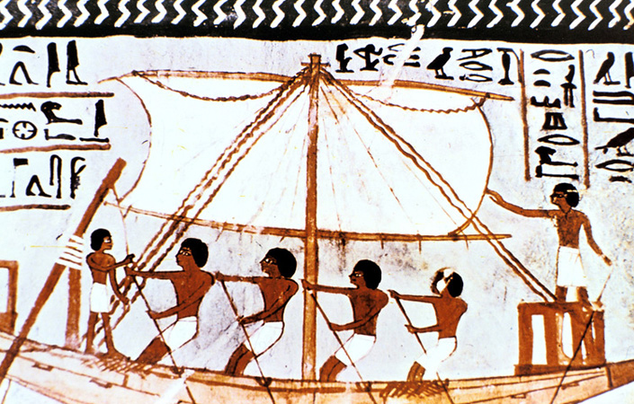 An Egyptian wall painting of a boat on the Nile River. Egyptians sailed to other lands to trade goods.