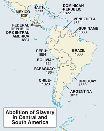 This map shows the dates that Central and South American countries abolished slavery.