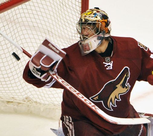 Arizona Coyotes goalie Mike Smith defends the goal during the