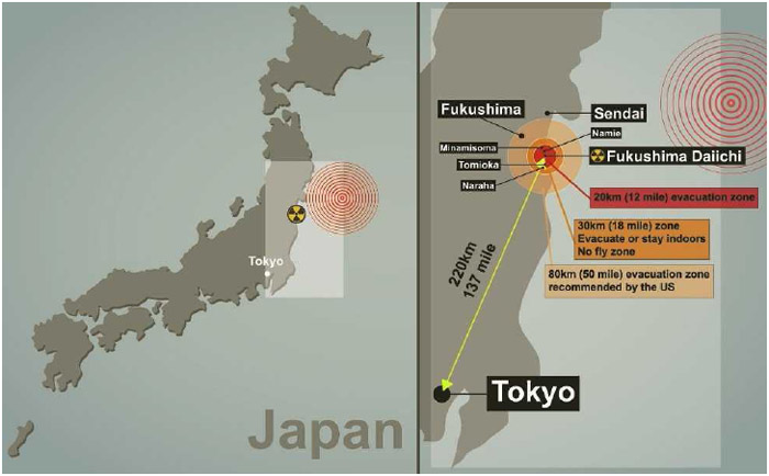The seismic epicenter, radioactive contamination zones, and the evacuation zones are shown for the Fukushima Daiichi nuclear event.