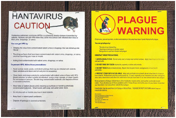 Warnings posted in Yosemite National Park about the dangers of rodents carrying plague and hantavirus.