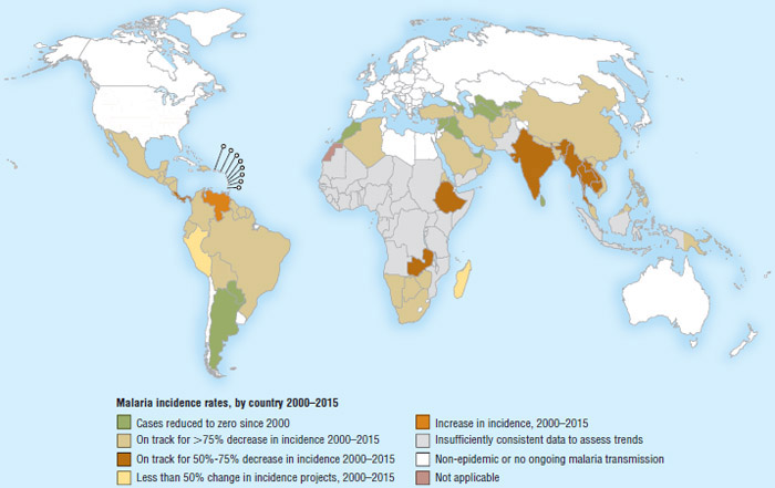 Projected changes in malaria incidence rates, by country, 2000–2015