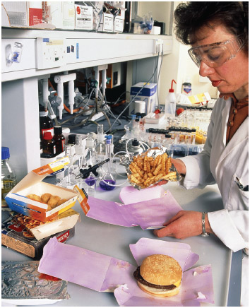 Researcher performing an experiment into the contamination of food by chemicals in its packaging when cooked in a microwave oven.