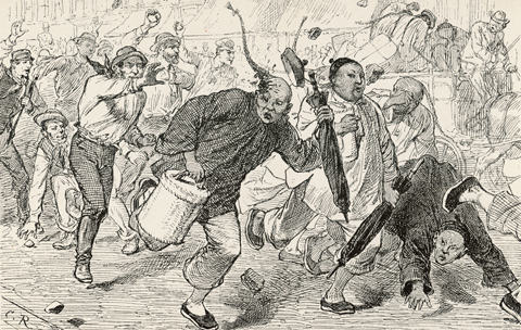 A political cartoon portrays Chinese immigrants arriving in San Francisco and facing an unfriendly welcome in 1882. It reflects the anti-Chinese sentiment of the time. The 1882 Exclusion Act prohibited Chinese laborers from entering the United States. (Mary Evans Picture Library/Alamy Stock Photo)