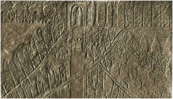 A relief carving from the palace of Ashurbanipal at Nineveh in the seventh century BCE shows an aqueduct bringing waterinto irrigation channels running through a park.