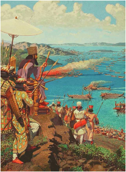 Persian king Xerxes watches action during the Battle of Salamis, during which the Greeks defeated the Persians.