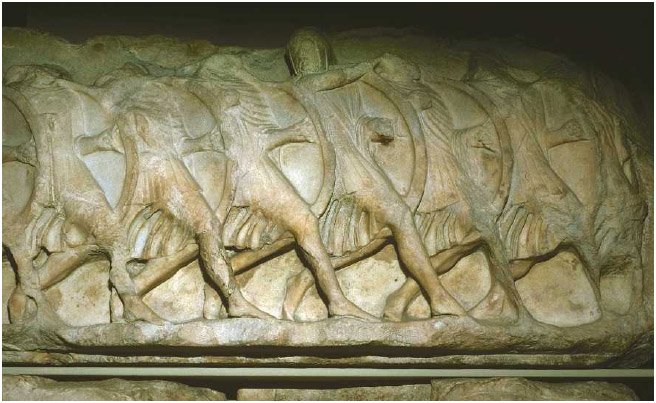 A Greek reliefshows an example ofa phalanx, in which a block ofsoldiers, typically eight lines, stood in lines, one behind the other.