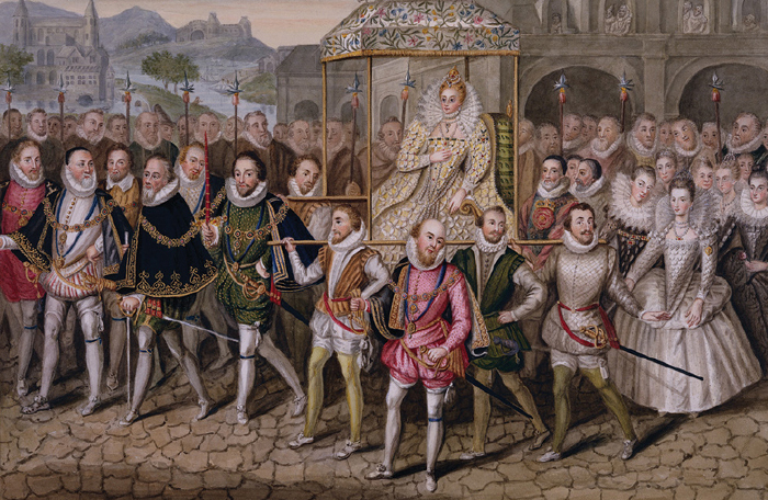 This illustration depicts Queen Elizabeth I escorted by courtiers on one of her progresses, journeys made from London into the English countryside to visit rural areas.