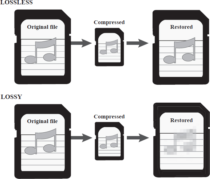 Digital audio formats that store varying amounts and arrangements of data. Choosing the appropriate file format can make a difference when the audio speed amplitude is manipulated, or compressed and restored. EBSCO illustration.
