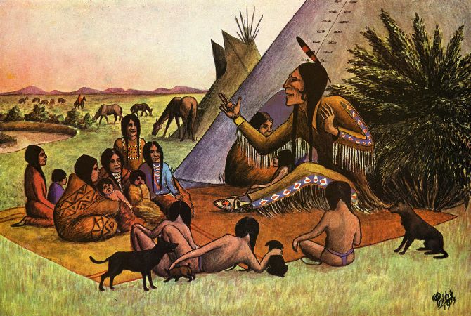 A Native American man tells a story to women and children from his tribe. Oral literature is an important part of Native American culture.