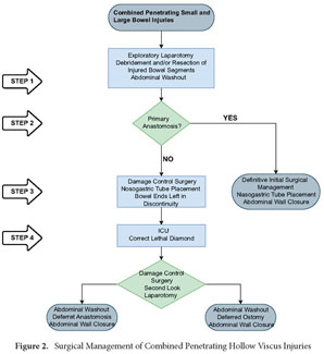 Damage control surgical management of combined small and large 