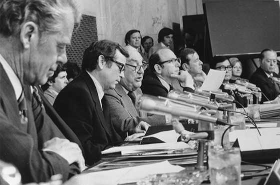 The Senate Select Committees investigation into the Watergate scandal kept the American people transfixed in 1973 as the hearings were televised before a nationwide audience. Committee members included (left to right): Sen. Edward Gurney (R-Flo