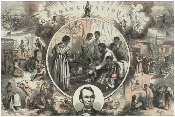 Thomas Nasts illustration is a celebration of the emancipation of Southern slaves with the end of the Civil War. Nast envisions a somewhat optimistic future for free blacks in the United States.