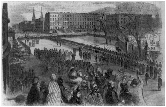 An illustration from the March 19, 1864 issue of Harpers Weekly shows the Twentieth United States colored troops receiving their colors on Union Square in New York on March 5, 1864.