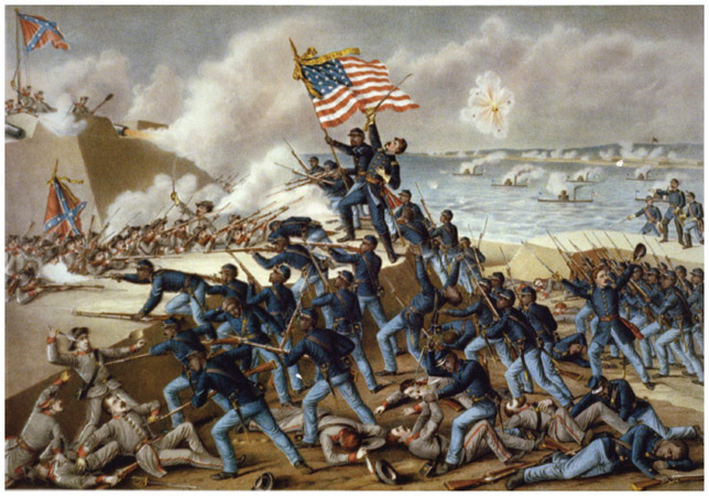 A print shows the members of the 54th Massachusetts Volunteer Infantry Regiment storming Fort Wagner on July 18, 1863.