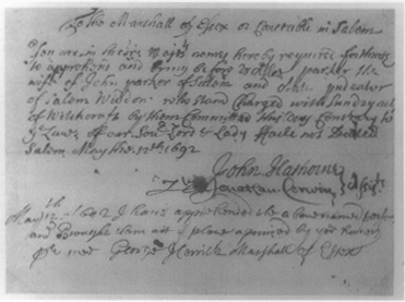 Warrant for the arrest of Ann Pudeator on charges of witchcraft, 1692 (Essex Institute, Salem, Massachusetts)