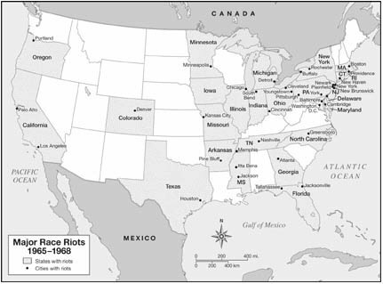 Race riots occurred throughout the United States between 1965 and 1968, but mainly in the eastern half of the country.