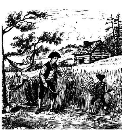 A colonial family harvesting wheat. As this illustration shows, children were expected to help with chores at an early age. Reproduced by permission of Corbis.