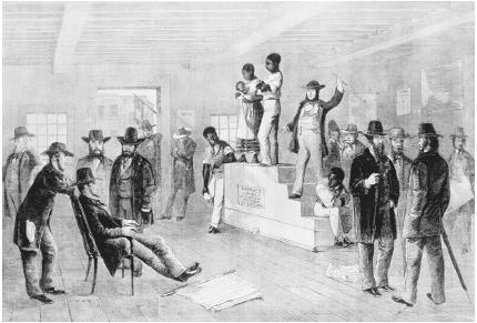 Engraving showing a family being sold at a slave auction. This was rare since most families were broken up rather than being sold together. Reproduced by permission of Archive Photos, Inc.