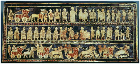 The Royal Standard of Ur, dating to about 2750 B.C.E., is a mosaic depicting aspects of society in ancient Sumer.