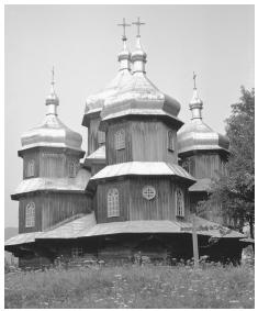 A Western Orthodox church in the Carpathian Mountains. Crosses and domes are common on Ukrainian churches.