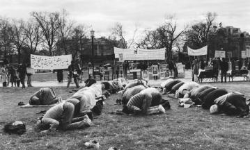 Demonstration for Afghanistan. Muslims kneel in prayer at Lafayette Park in Washington, D.C., across from the White House, during a protest against the Soviet occupation of Afghanistan. AP/WIDE WORLD PHOTOS