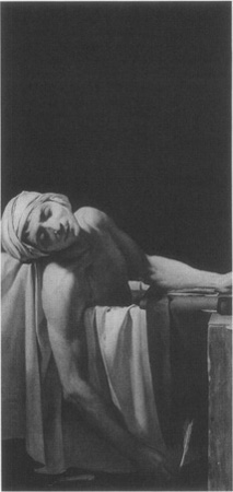 Jacques-Louis Davids famous 1793 painting depicting the assassinated Jean-Paul Marat in his tub, pen in hand