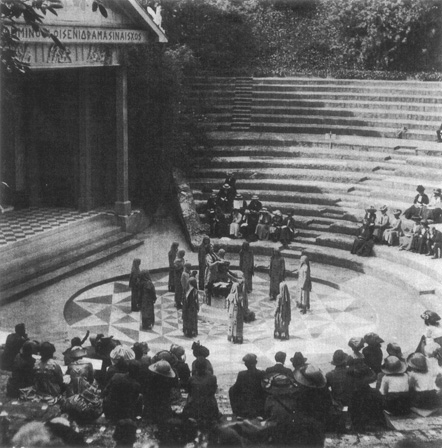 Iphigenia in Taurus is staged at the Greek Theatre at Bradfield College in Berkshire. The theater is modeled after the traditional structure of Athenian theaters