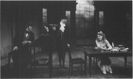Scene from the 1800s setting in Arcadia: Septimus and Thomasina are joined by Jellaby the butler during one of their lessons