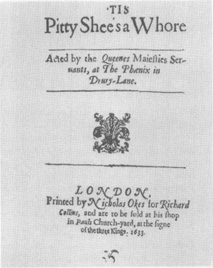 The title page from a publication of John Fords Tis Pity Shes a Whore