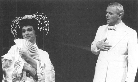 Anthony Hopkins (as Rene Gallimard) speaking to Glenn G. Goei (as Song Liling) in a scene from a 1989 stage production of M. Butterfly.