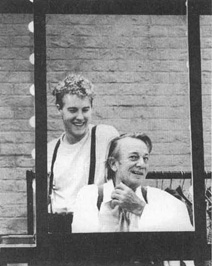 Samuel West and Denholm Elliott in a scene from a theatrical production of A Life in the Theatre.