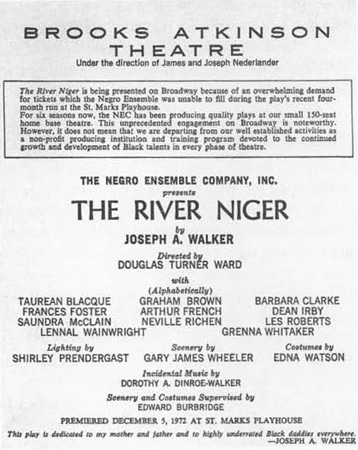 Playbill title page from the 1972 production of The River Niger.