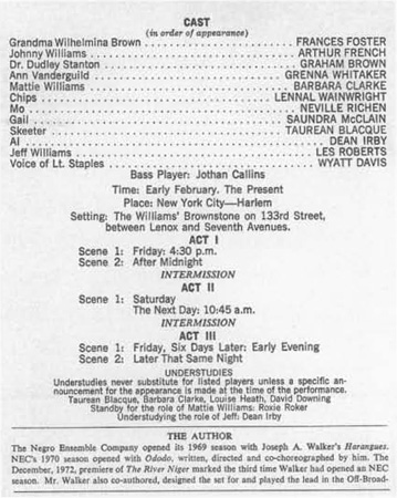 A 1972 playbill cast list of The River Niger performed at New Yorks Brooks Atkinson Theatre.