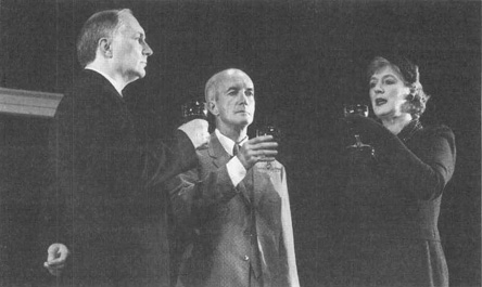 Simon Jones as Alexander MacColgie Gibbs, Clive Merrison as Sir Henry Harcourt-Reilly, and Maggie Steed as Julia Shuttlethwaite in the 1997 theatrical production of The Cocktail Party