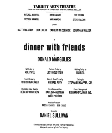A 2000 playbill cast list of Dinner with Friends, performed at New Yorks Variety Arts Theatre