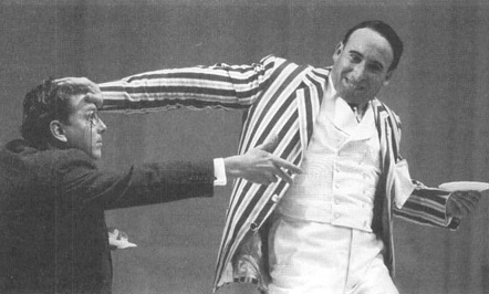 David Westhead as Tristan Tzar a and Antony Sher as Henry Carr in a scene from a theatrical production of Travesties