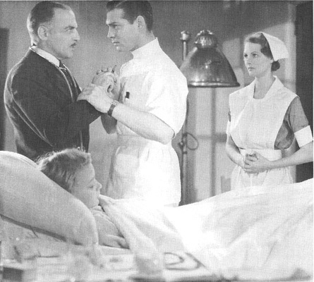 A scene from the 1934 film adaptation of Men In White, featuring C. Henry Gordon, Clark Gable, and Elizabeth Allan