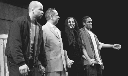 Jeffrey Wright, director George C. Wolfe, Suzan-Lori Parks, and Mos Def during curtain call at the opening night of TopdogUnderdog at the Ambassador Theater in New York City, April 7, 2002 Getty Images