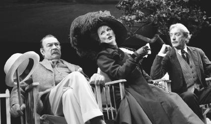 Richard Johnson, as Sir George Crofts, Brenda Blethyn, as Mrs. Warren, and Peter Blythe as Mr. Praed, in a 2002 stage production of Mrs. Warrens Profession, performed at the Strand Theatre in London