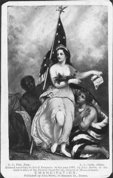 An 1863 propaganda drawing depicts Emancipation surrounded by slaves wrapped in the United States flag. PHOTOGRAPHS AND PRINTS DIVISION, SCHOMBURG CENTER FOR RESEARCH IN BLACK CULTURE, THE NEW YORK PUBLIC LIBRARY, ASTOR, LENOX AND TILDEN FOUNDA