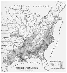 Distribution of African Americans. A map from The Great South (1874), by Edward King, shows that the distribution of the black population had not changed dramatically by 1874, even though free blacks and runaways from the South created small bl