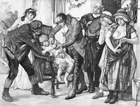 Edward Jenner administers the first smallpox vaccination. Engraving after a painting by G. G. Melingue, 1796. BETTMANNCORBIS