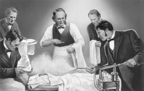 Joseph Lister (center) experiments with the use of carbolic acid spray. Nineteenth-century illustration. BETTMANNCORBIS