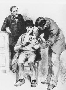 Louis Pasteur. Pasteur observes as a boy is innoculated against rabies in this 1885 print. BETTMANCORBIS