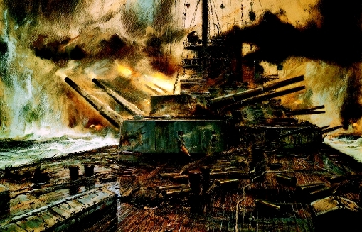The Battle of Jutland. Painting by Claus Bergen, 1916. Bergen, the official marine painter to Kaiser Wilhelm, witnessed the largest and costliest sea battle of the war. At the height of the battle, 250 ships were engaged; 14 British and 11 German ships were sunk. ERICH LESSING/ART RESOURCE, NY