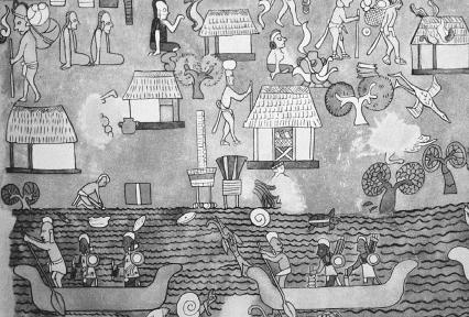 Painting depicting scenes of daily life in a Maya village. The Art Archive/Antochiw Collection Mexico/Mireille Vautier.